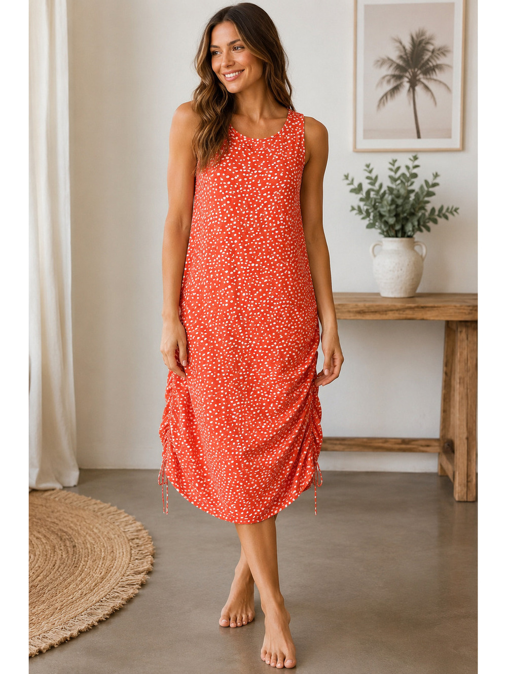 Isabel Maternity | M | Coral Ruched Dot Midi Dress